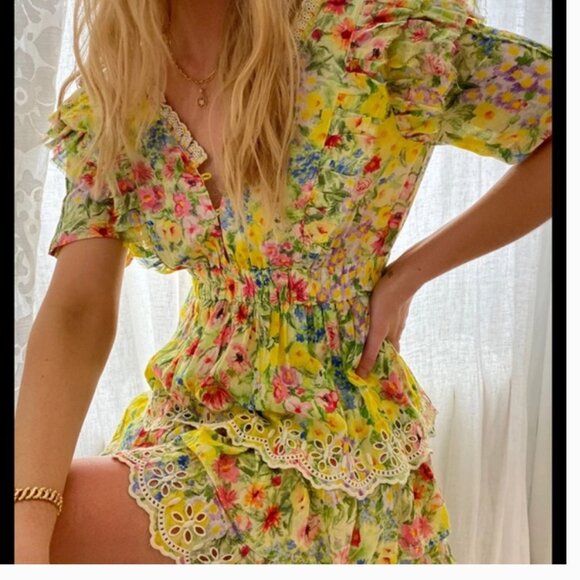 LoveShackFancy Short Sleeve Floral Aldina Mini Dress Rainbow Skies Size Medium - Picture 1 of 16